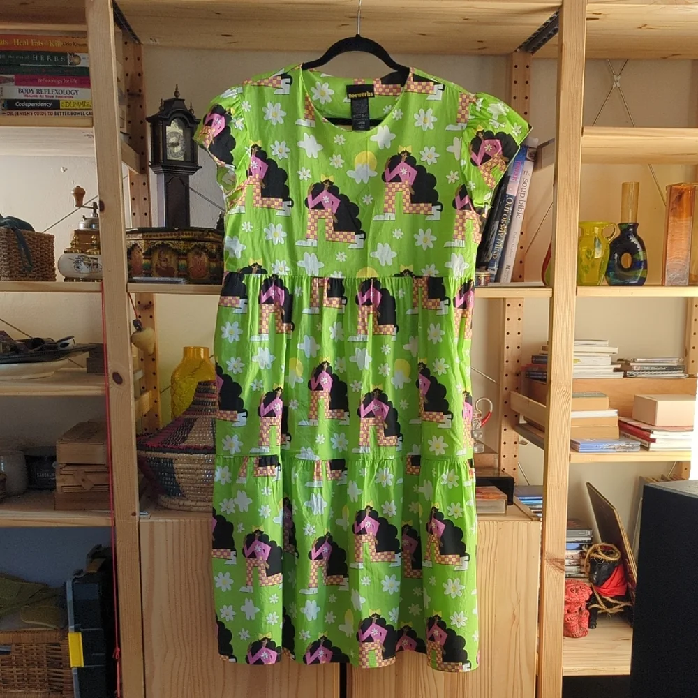 Nooworks Bright Lime Green Novelty Midi Dress with Black & Pink Motif - Picture 1 of 5